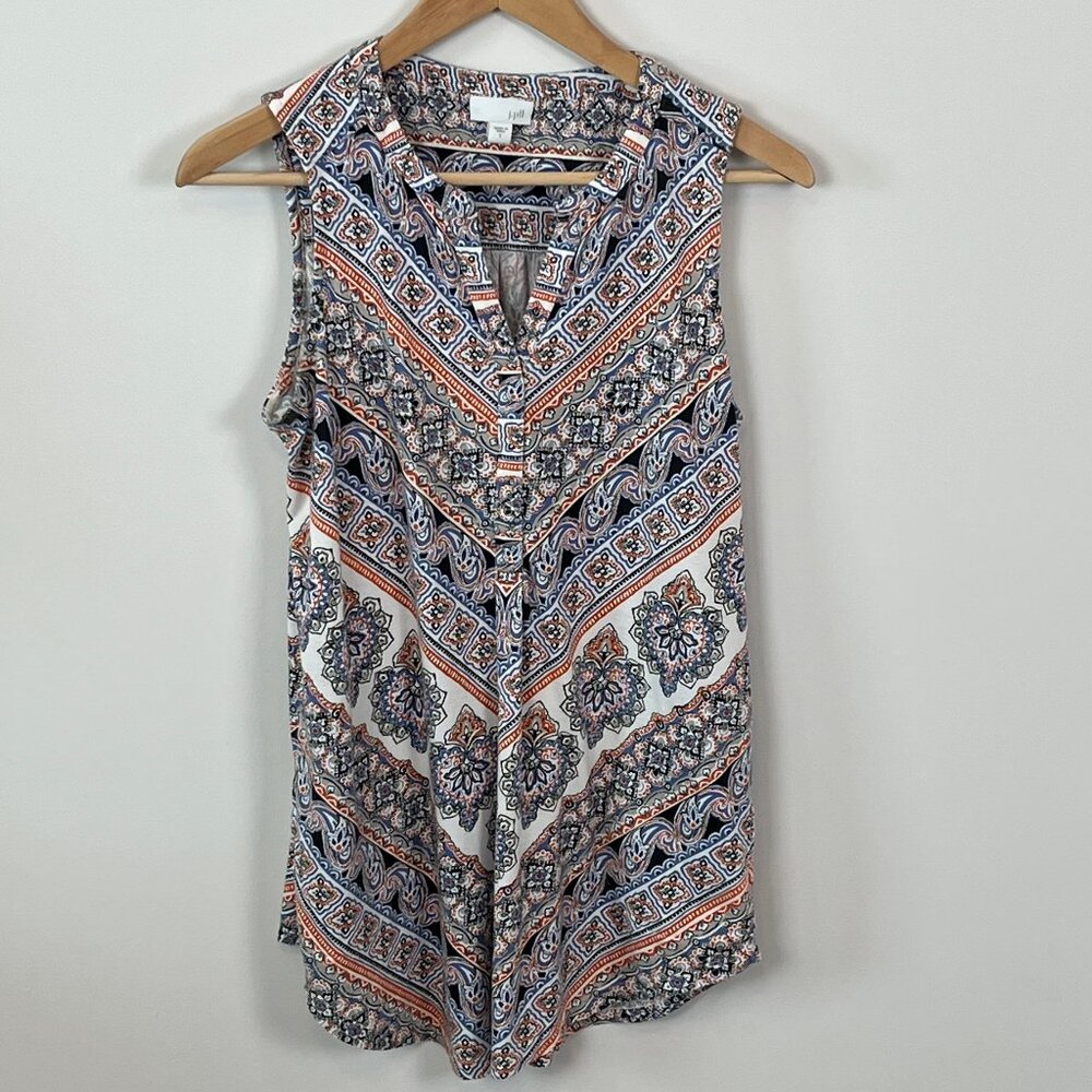 J.Jill Sleeveless Split neck Blue, Orange, White Tunic Top with Pockets Women -S